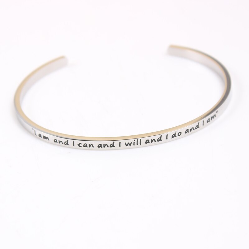 Stainless Steel Bar Engraved Positive Inspirational Quote Cuff Bangle Mantra Bracelet for Women Best Christmas: I am and I can and I