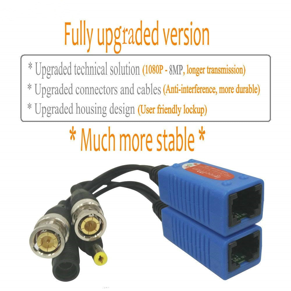 4 Pair Passive Video Balun BNC to RJ45 Adapter with Power Full HD 1080P-5MP Surveillance Security Camera Ethernet Cable