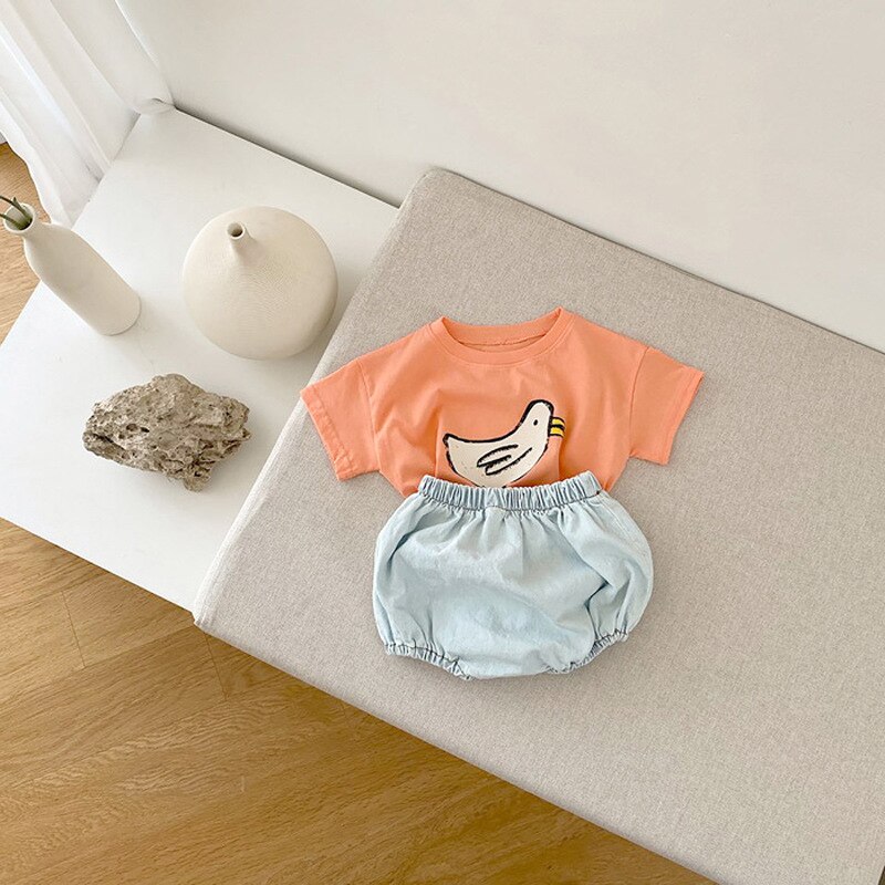 2022 Zomer Peuter Jongens Katoen Zacht Cartoon T-shirt Set Baby Meisjes Denim Shorts Set Tops En Broek 2 stuks Baby Kleding Set