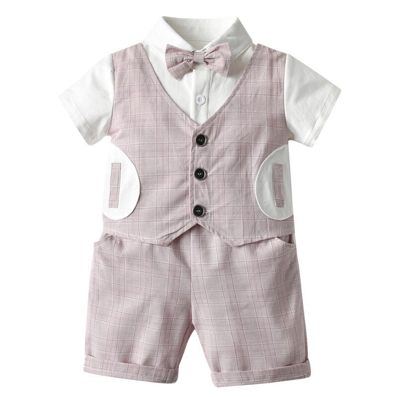little gentleman summer plaid shirt baby boy Cotton children kids clothes baby party 6-36 Months [ shirts + pants ]: B / 90cm