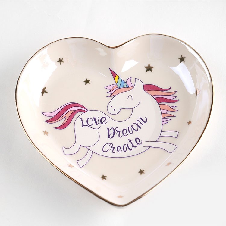 Unicórnio Dos Desenhos Animados Coração-em forma de taças de cerâmica placas de sorvete Decoração Artesanato Jóias prato Lanche prato Lanche bandeja de armazenamento de doces: White A