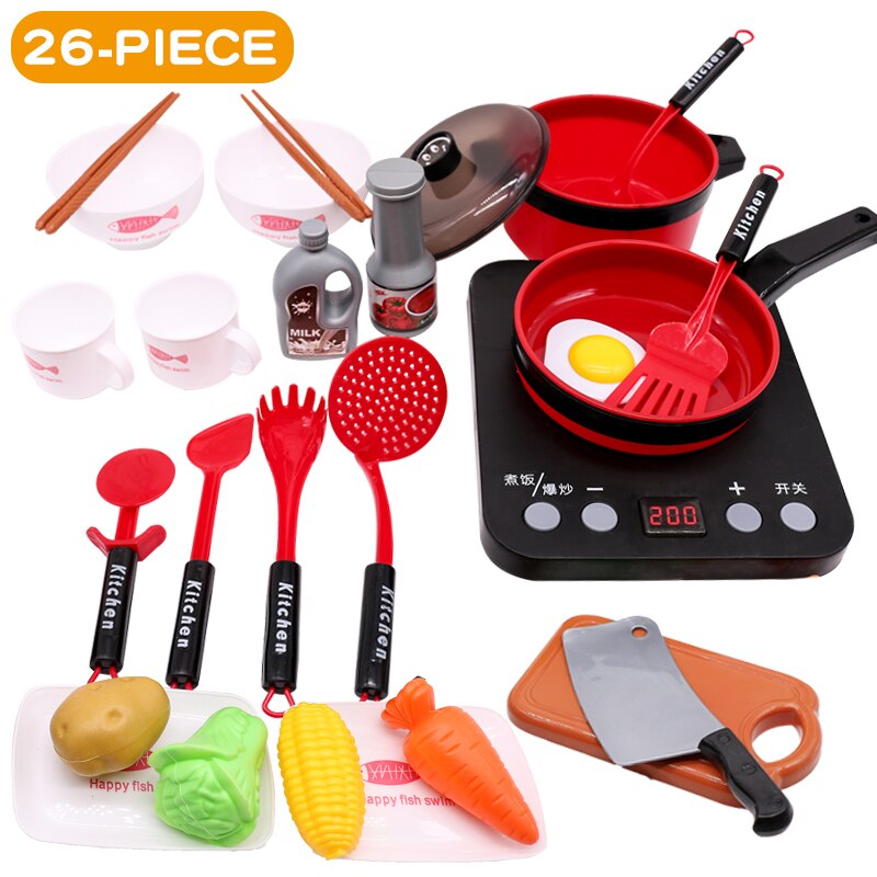 Children Pretend Play Kitchen Tools Simulation Induction Cooker Pot Food Utensils Toys Fruit Vegetable Food Cutting Toy: 26pcs-Red