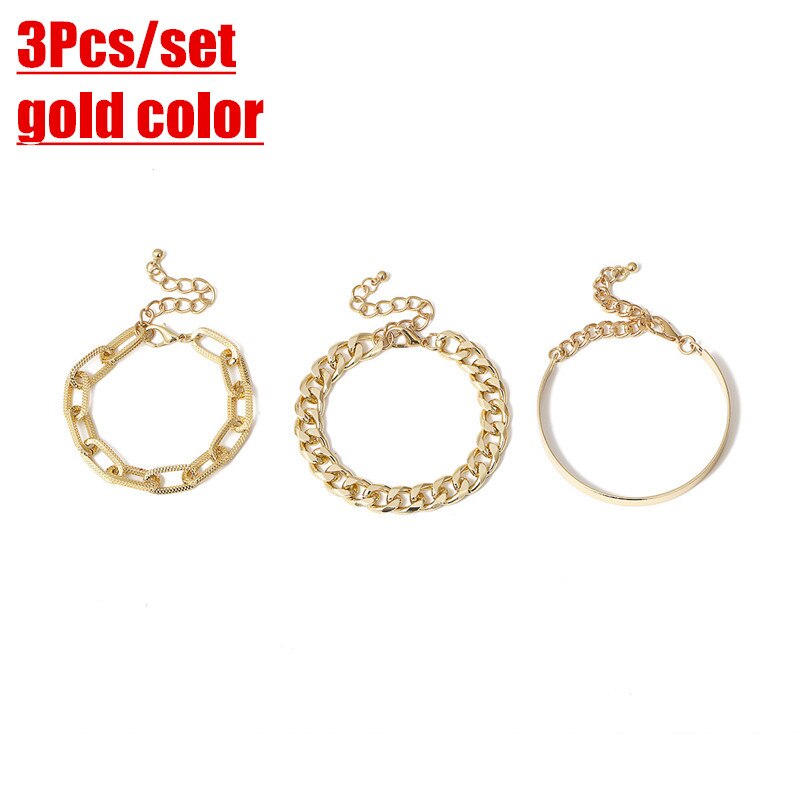 ZOSHI 3 Pçs/set Cobra Cadeia Pulseiras Criados para As Mulheres Moda Punk Grosso Ferro Chain link Pulseira Pulseiras Jóias Presentes Partido: 24061 Gold 3pcs