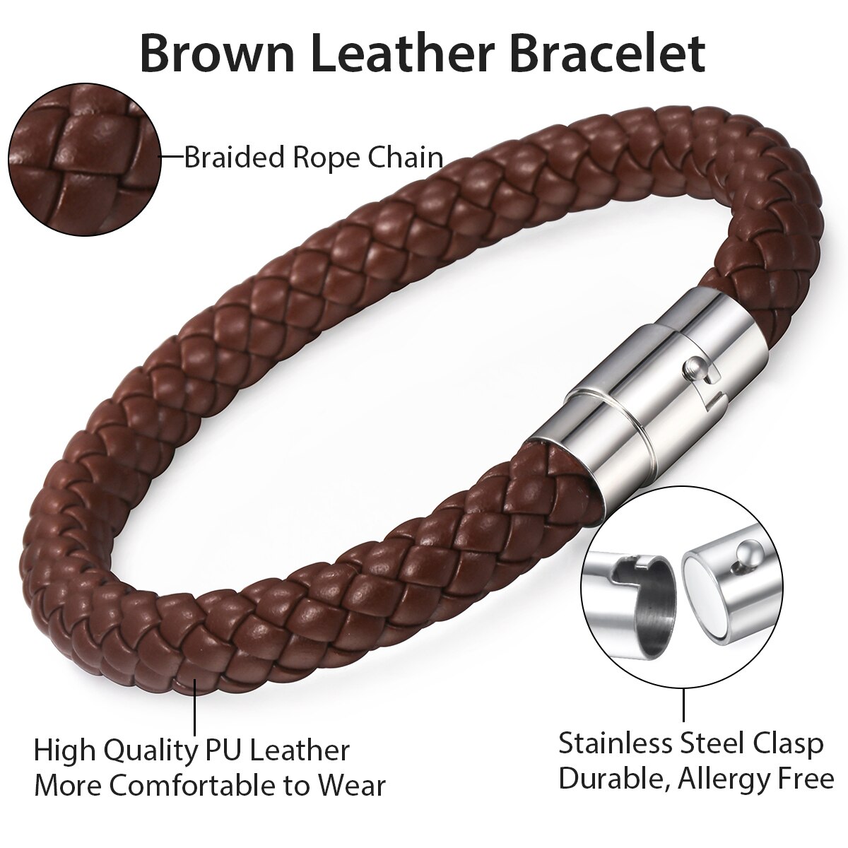 Davieslee 4/6/8mm Leather Bracelet For Men Black Braided Rope Stainless Steel Clasp 20/23/25cm Men's Bracelet DLBM118: 8mm Brown LB725 / 9inch 23cm