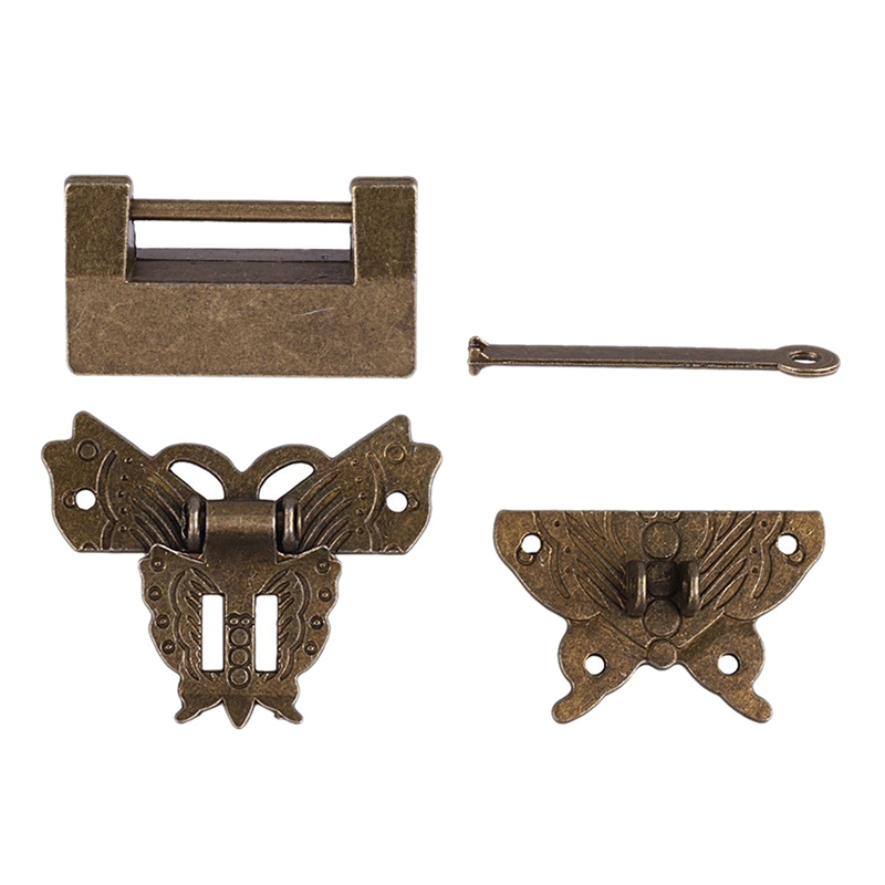 3 sett liten vintage lås med nøkkel og sommerfugllås hasp og skruer for smykkeskrin