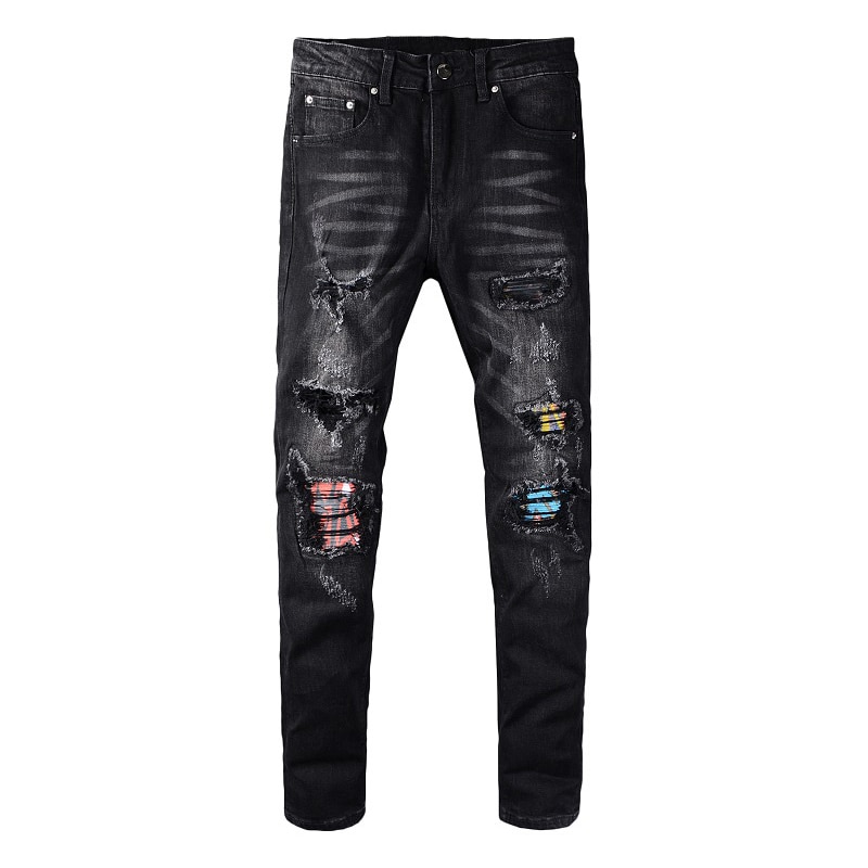 Jean en denim pour motard, plissé et patchwork déchiré, noir, streetwear, à la , pantalon en denim, à trous