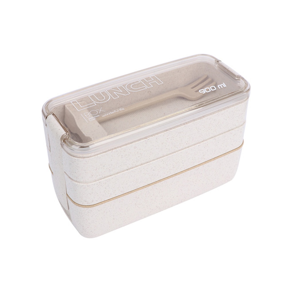 3 Layer Wheat Straw Bento Boxes 900ml Healthy Material Lunch Box Microwave Dinnerware Food Storage Container Lunchbox: Beige
