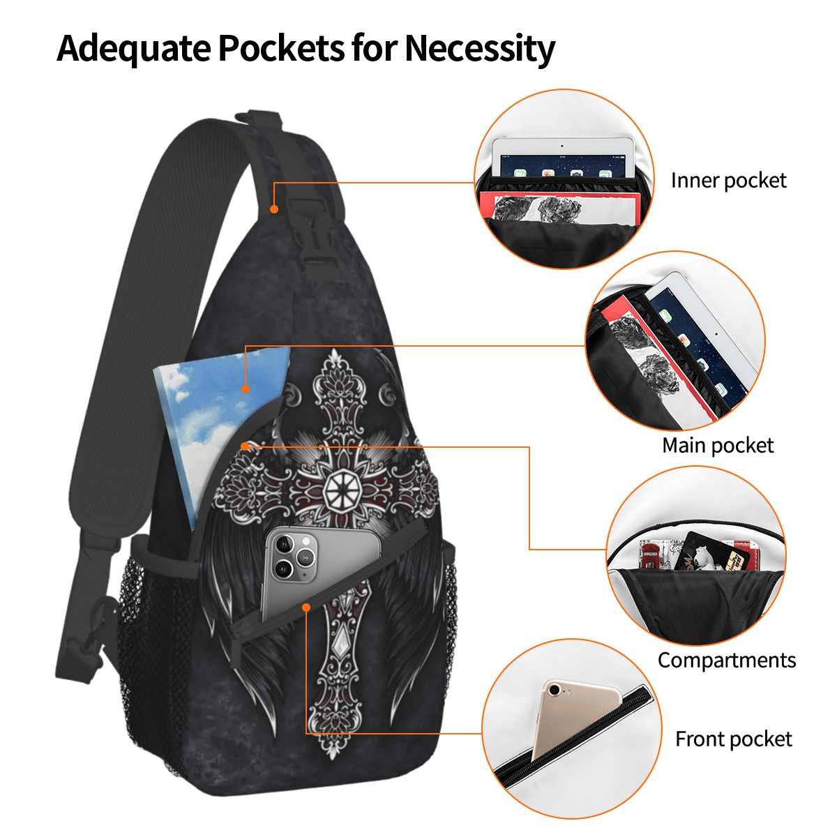 Kreuz Kreuzigung Umhängetasche Sport Kreuz mit schwarzen Flügeln Brusttasche unisex Frauen Mann Schulter Rucksäcke reisen