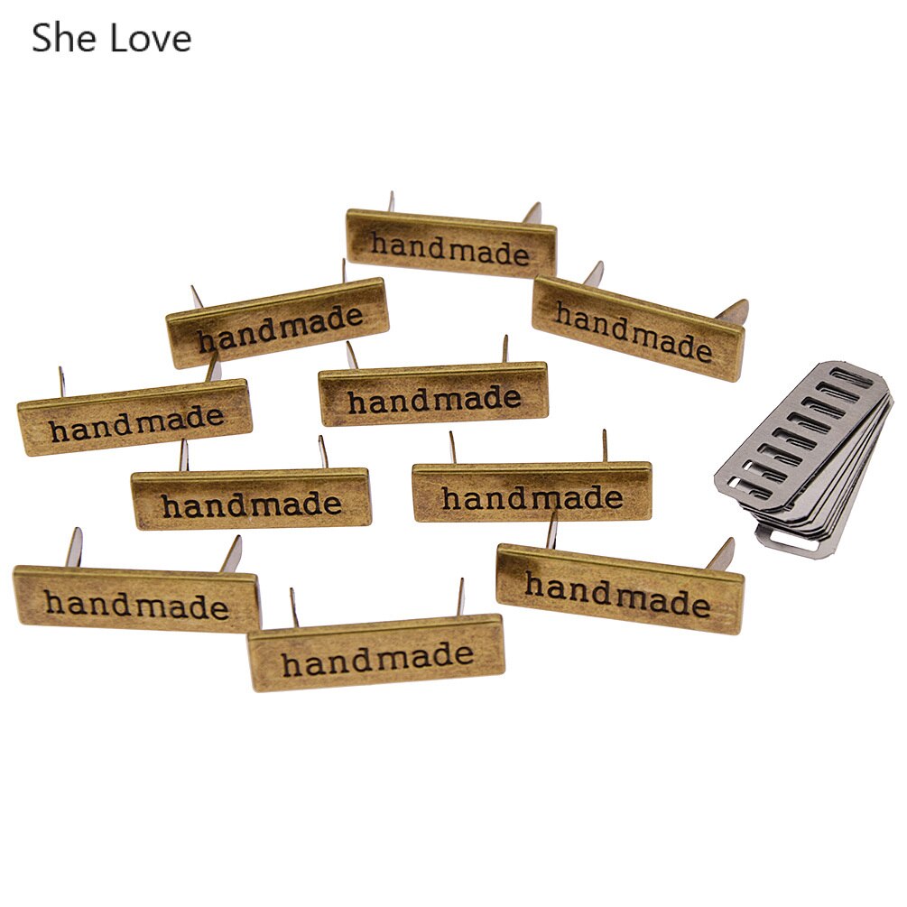 Chzimade 10Pcs Rose Gold Color Rectangle Metal Handmade Garment Labels Tags For Clothing Bags Hand Made Letter Sewing Labels: Bronze