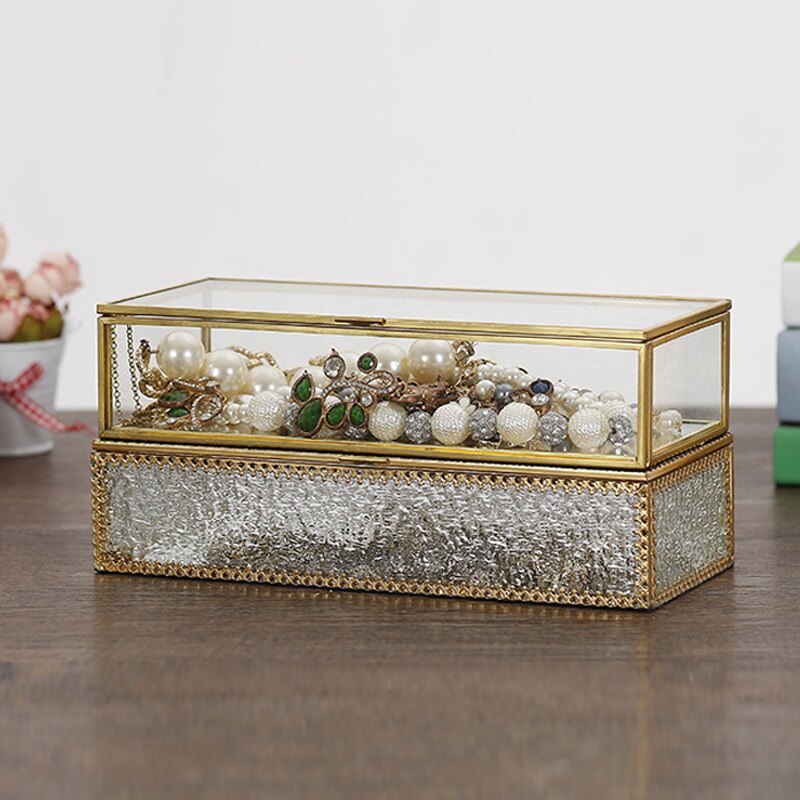 Joyero de cristal con borde dorado para el hogar, caja de almacenamiento de joyería, con , Simple y Retro, para exhibición de boda, decoración de escritorio