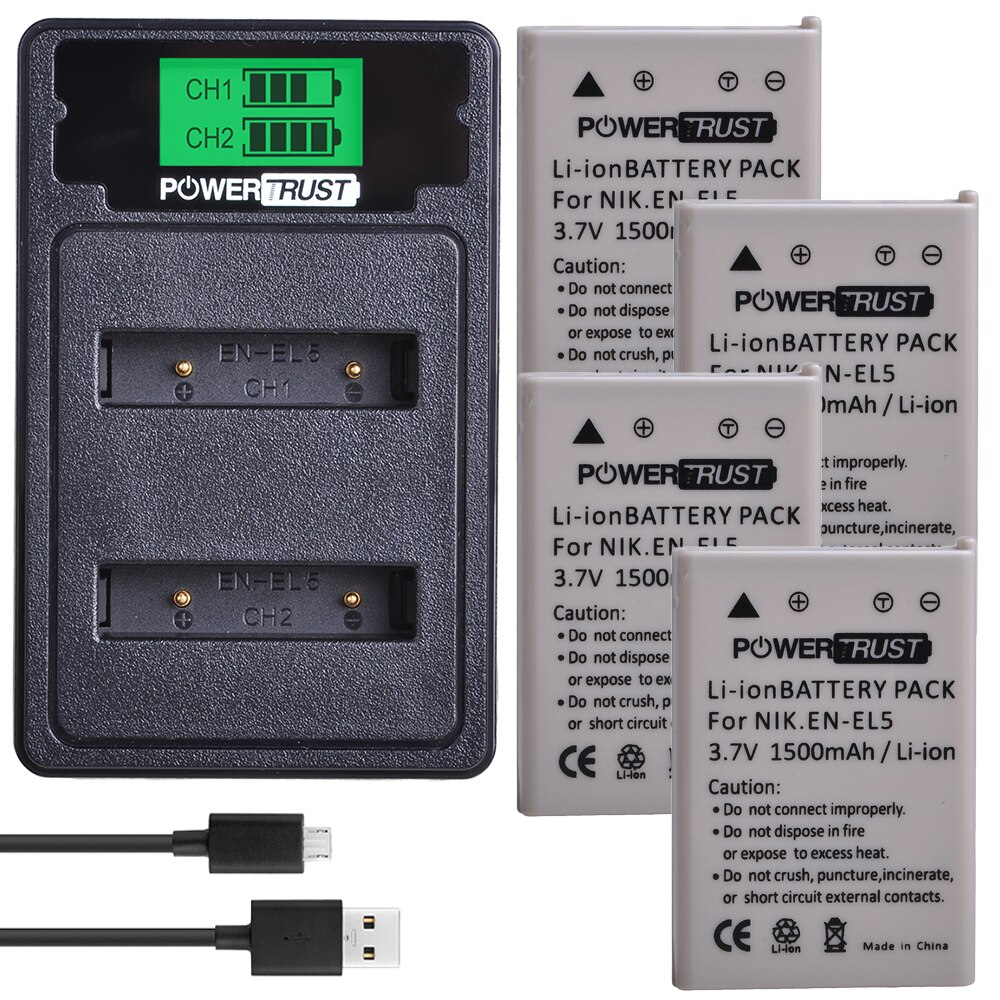 Batería EN-EL5 ENEL5 + cargador USB Dual LCD para NIKON Coolpix P530 P520 P510 P100 P500 P5000 P5100 P6000 3700 baterías: 4Battery and Charger