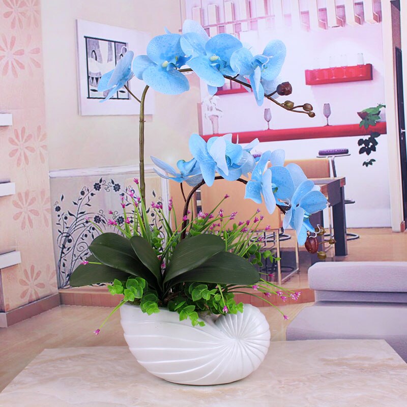 Kunstig orkidé phalaenopsis med stort blad pu ægte berøring blomst håndføler pottemager planter bryllupsindretning hjemmebord tilbehør