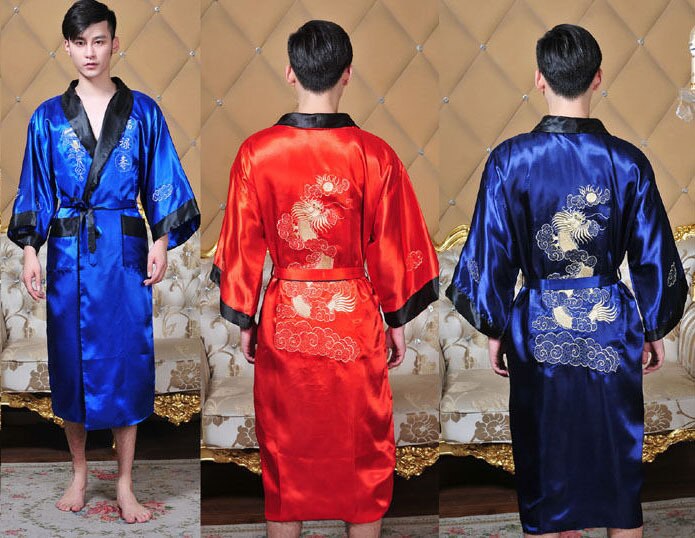 ! omkeerbare Double-Face Chinese mannen Zijde Satijn Borduur Dragon Robe Jurk Met Riem ML XL XXL XXXL MR004