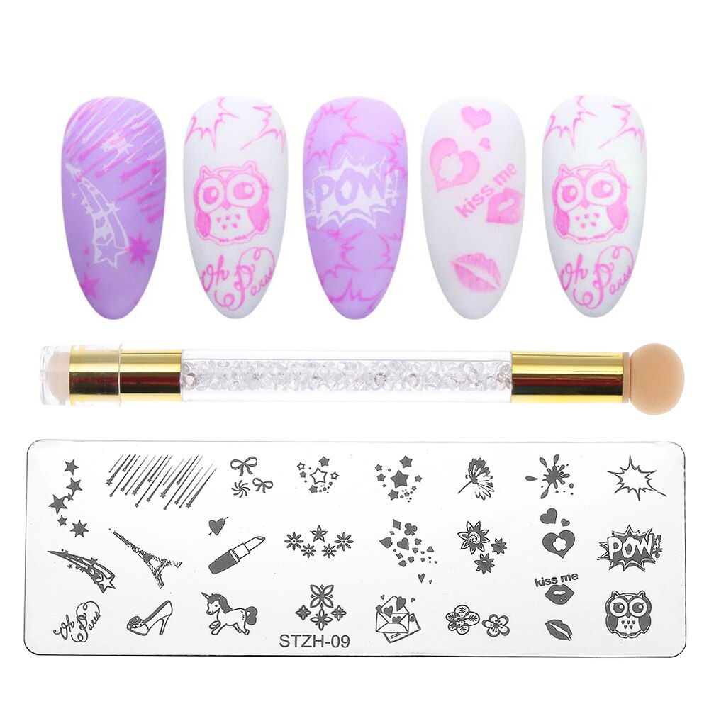 1 Set Geometrie Dieren Nail Designs DIY Nail Art Stamp Stempelen Template Bloem Manicure Image Plaat Stencil Met Spong pen: STZH-09