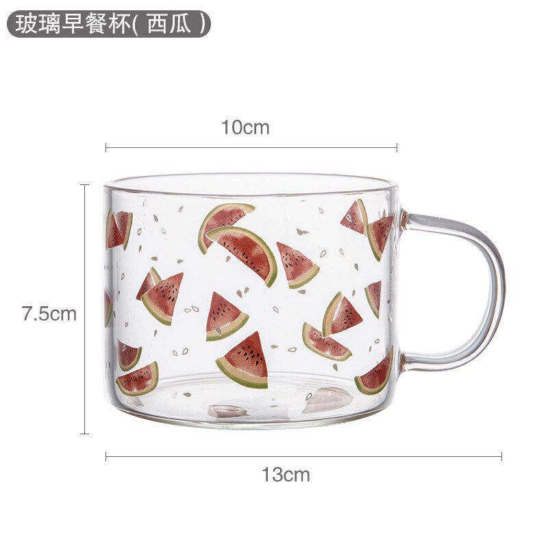 Taza de vidrio transparente con estampado de dibujos animados, vaso de café de vidrio de alto borosilicato con asa, taza de leche para desayuno y postre, 500ml, 1 unidad: Watermelon