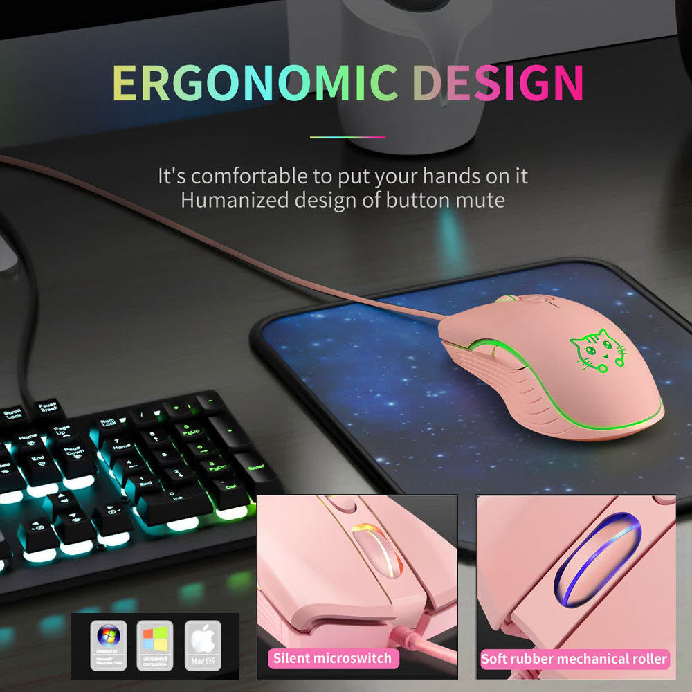 Przewodowa mysz gamingowa usb różowa komputerowa e-sportowa mysz 2400 dpi kolorowa podświetlana cicha mysz do laptopa pc mac