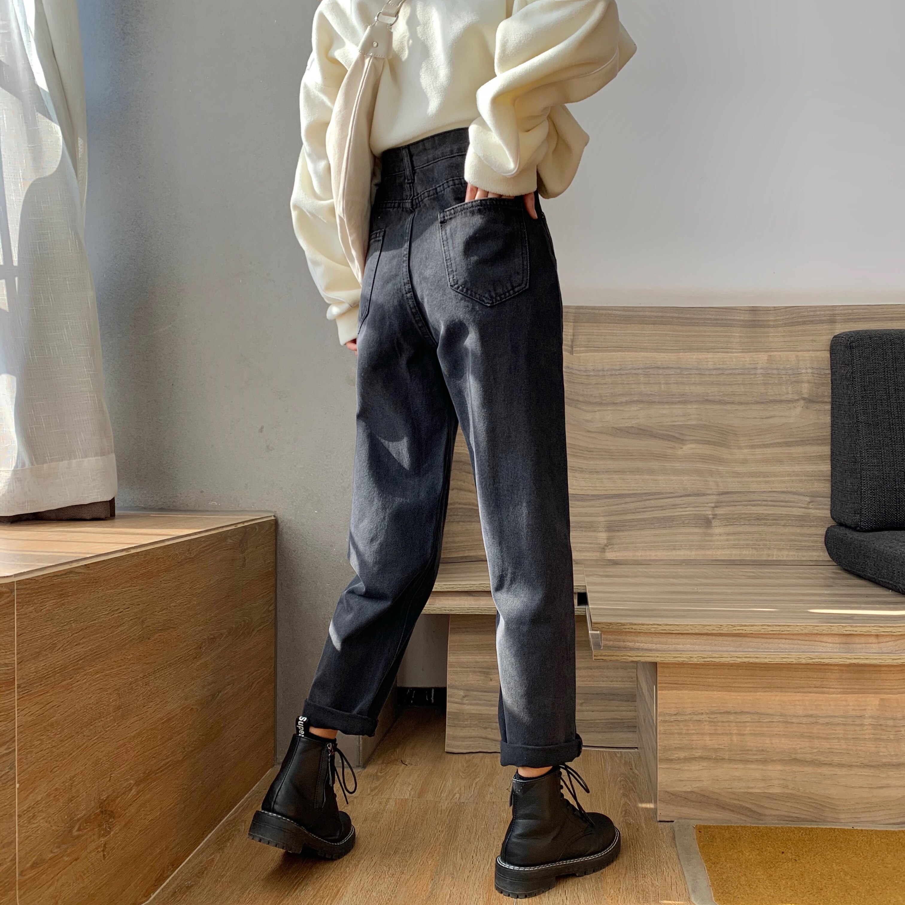 Jeans feminino preto em linha reta vintage lavado calças compridas rua wear all-match baggy outono moda ulzzang lazer adolescentes retro
