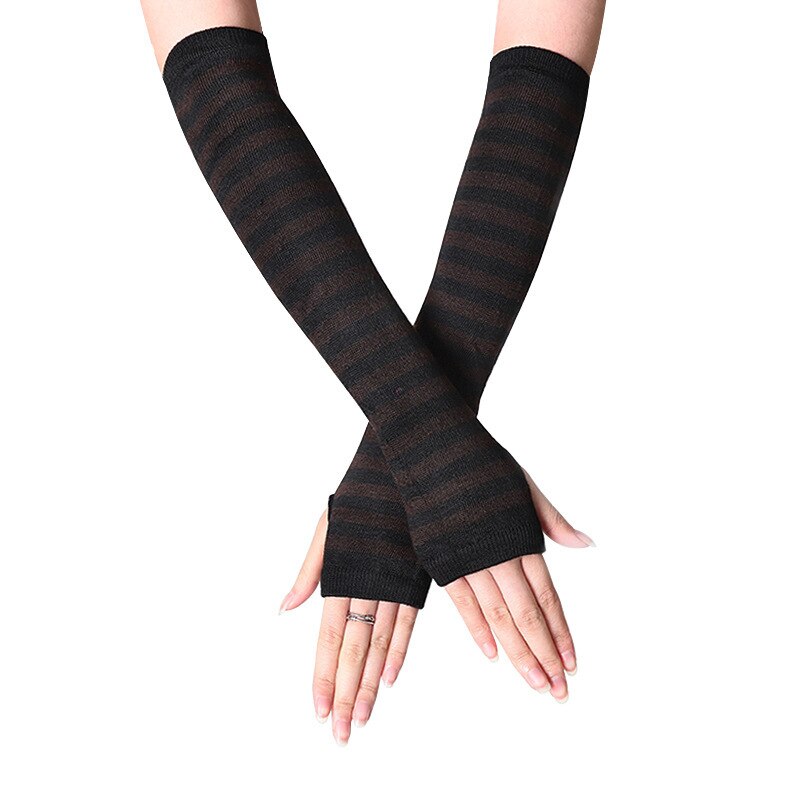 Vrouwen Lady Gestreepte Elleboog Handschoenen Warmer Gebreide Lange Vingerloze Handschoenen Elleboog Wanten Kerst Accessoires: black coffee