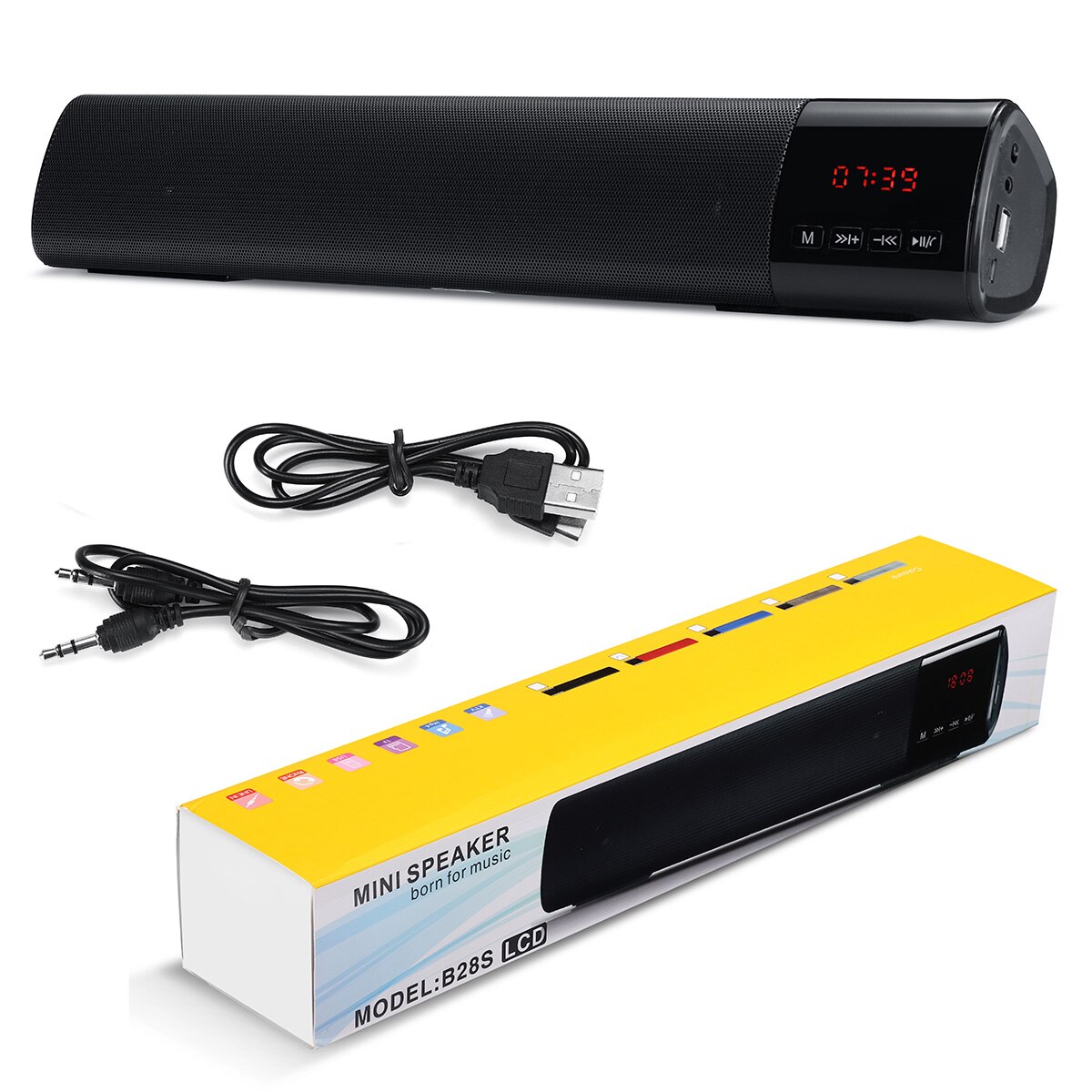 Hjemme-tv pc bluetooth soundbar høyttaler bærbar trådløs subwoofer 3d surroundhøyttalere hifi støtte fm radio klokke tf usb: Svart