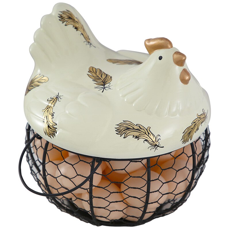 American Ceramic Egg Holder Chicken Wire Egg Basket Fruit Basket Collection Ceramic Hen Oraments Decoration Kitchen Storage