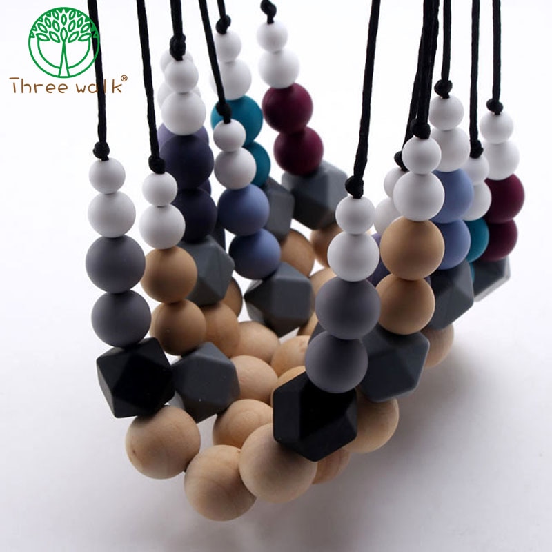 chewable silicone+original wood beads necklace baby teething teether holder toy diy teething necklace for mom no BPA