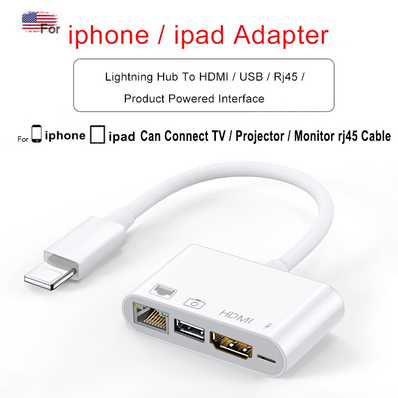 Lightning a HDMI-Cable Ethernet RJ45, adaptador hub USB iphone 3 en 1 para RJ45, conectar teclado, cámara y proyector: iP 1 To 4 RJ45-HDMI