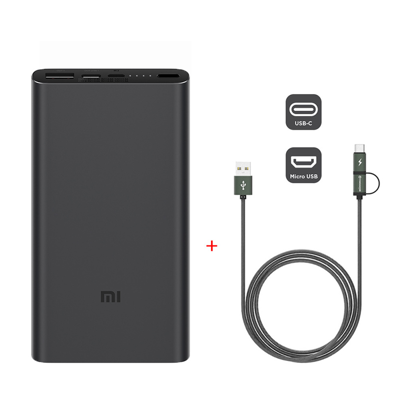Xiaomi Power Bank 3 10000mAh PLM12ZM USB Type C QC3.0 Fast Charging Mi Powerbank 10000 Portable Charger Poverbank: Add 2 in 1 Cable