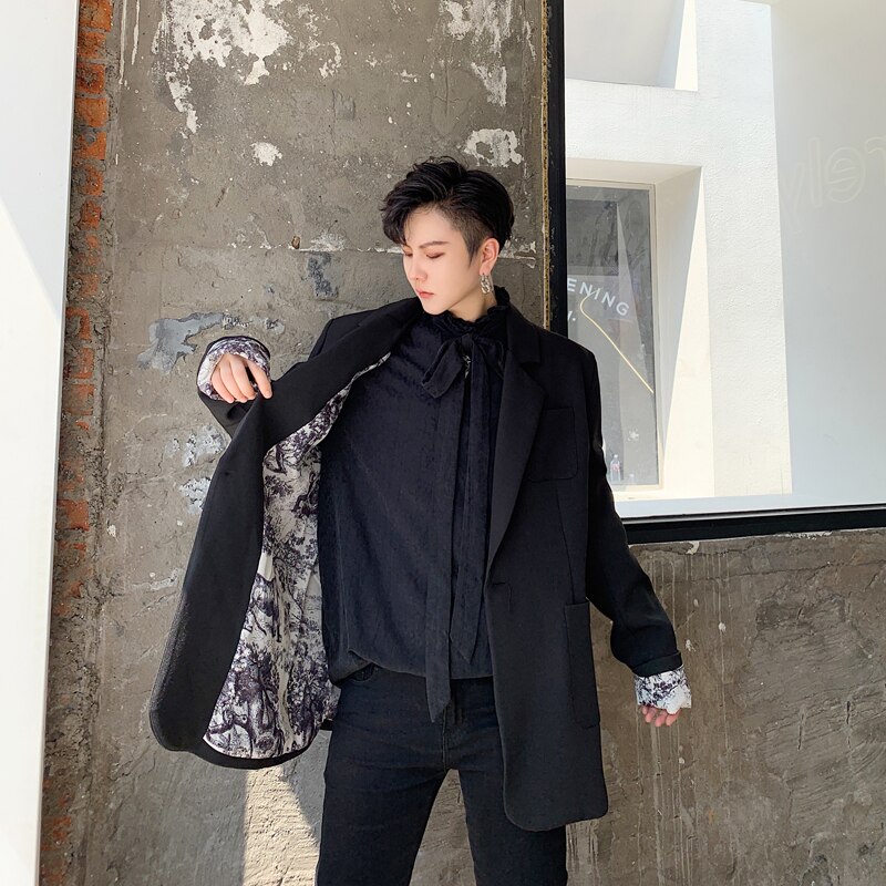 Menn blazer jakke årgang skrive ut fôr løs uformelt kjole kåpe mann streetwear elegant stil hofte hopp kjole frakk yttertøy