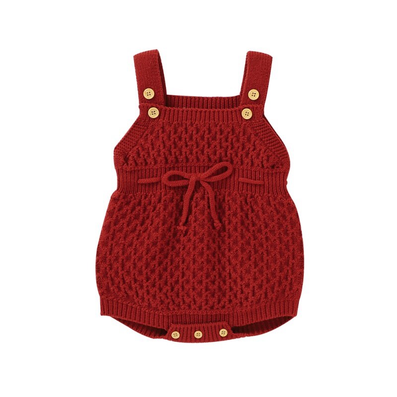 Macacão infantil de malha sem mangas, roupa de bebê recém-nascido para outono-inverno, macacão de algodão de laço para meninas: Vermelho / 3-6M