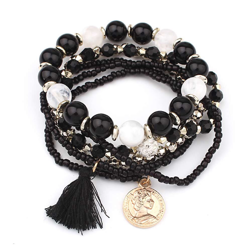 multicapa pulseras pulsera de perlas mujer strass cuentas borlas pulseras joyas: Black