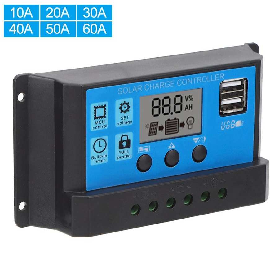 Solar Charge Controller LCD Dual USB PWM Cell Panel Regulator with Load Automatic Identification 12V 24V Solar Charge Controller