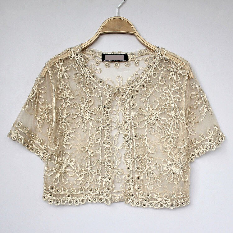 Frauen Grundlegende Mantel Stickerei Band Perlen Verschönert Kurzarm Strickjacke Sehen-Durch schier Spitze Gittergewebe Bolero oben Jacke