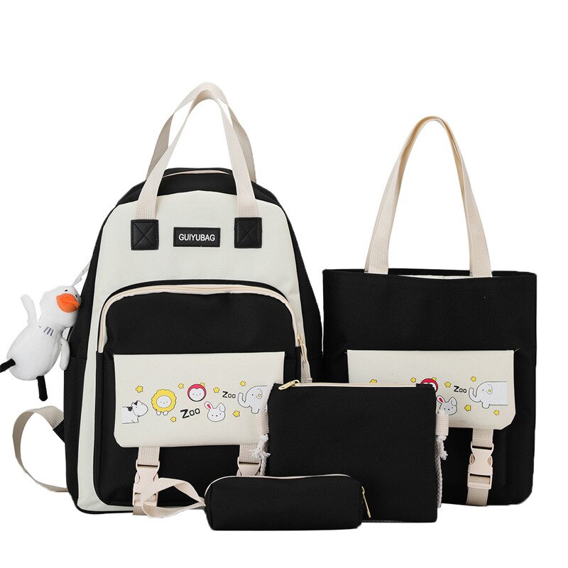 Qyahlybz 4 piece primary school student color matching bag middle school student backpack school children&#39;s girls backpacks: black  with duck