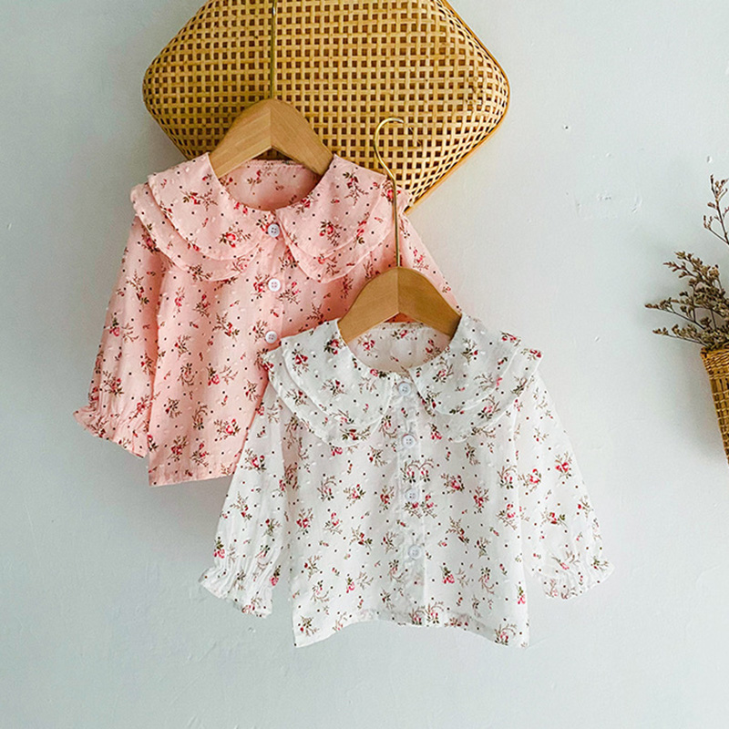 Voorjaar Meisjes Shirt Bloemen Kanten Kraag Katoen Lange Mouw Tees Casual Kids Uitloper