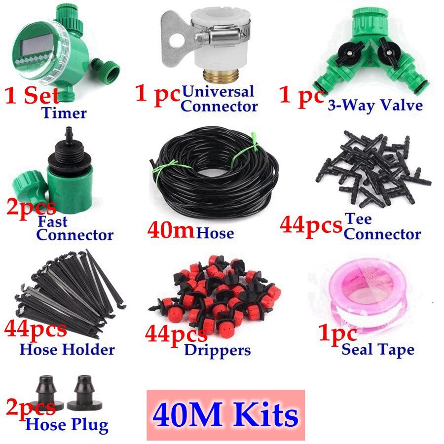 Sistema de riego por goteo con Control de temporizador DIY de 8 ~ 40m, Kit de riego automático, goteros ajustables, sistema de riego de flor de jardín de casa: 40m Kit