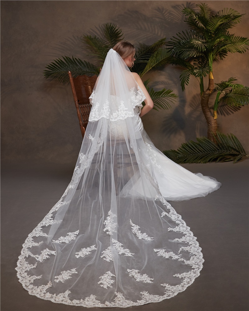 Layer 2 Lace Edge 3M Kathedraal Bruiloft Sluier Met Kam Voor Bruid Bridal Veils Accessoires Voorhang Velos De Novia