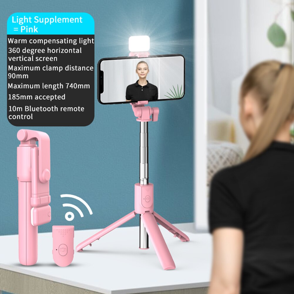 Palo de Selfie extensible con Bluetooth para teléfono, trípode plegable con luz de relleno, remoto, ajustable, de mano, inteligente