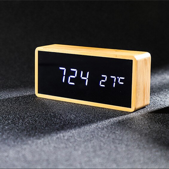 Elektronisk led-ur bambus træ håndværk bordur med temperatur / dato / tid display skrivebord spejl alarm alarm hjemme desktop indretning: Hvidt lys