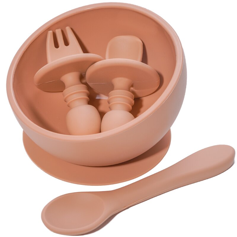 4 stk sæt baby bordservice børns bærbare mini gaffel ske lille skål plade og silikone ske børn: Dæmpet