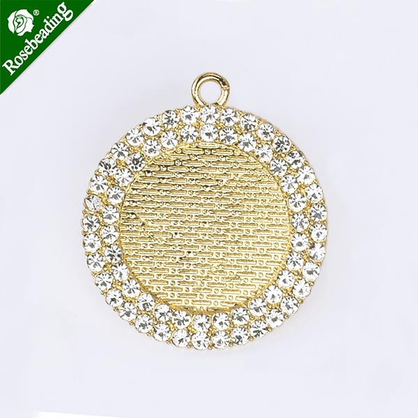 25mm Zinklegering Ronde Hanger Lade met Dubbele Strass Bezel Cabochon Instellingen , verkocht 10 stks/partij: gold plated