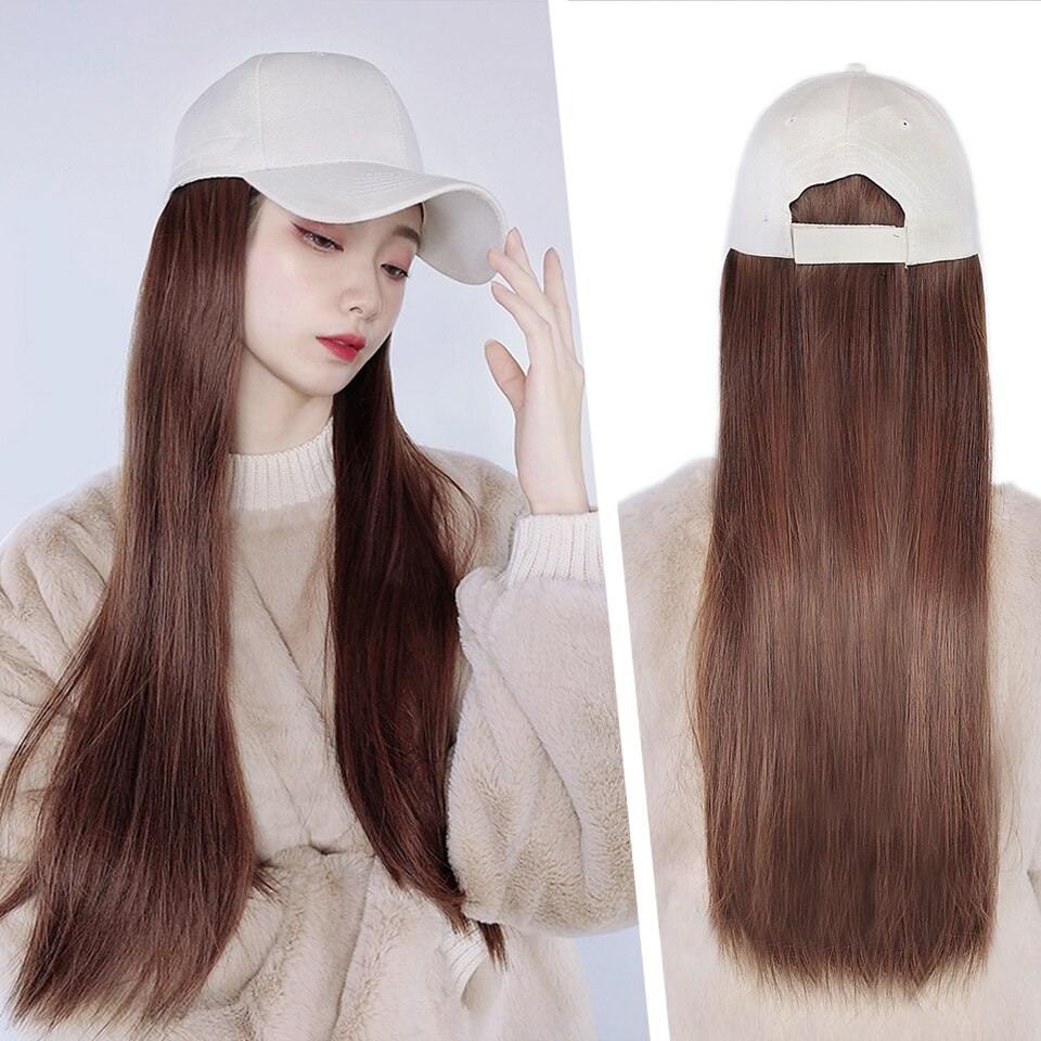 Extensión de gorro de béisbol para mujer, peluca sintética de 60cm, resistente al calor y a altas temperaturas, empalme sin costuras, peluca de sombrero integrada