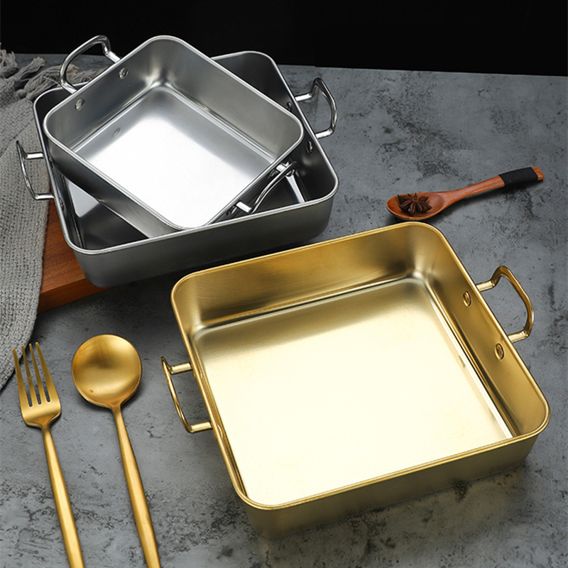 Two Ear Stainless Steel Square Food Trays Fruit Snacks Plates DIY Baking Tools Flat Fry Pan Trays for Kitchen