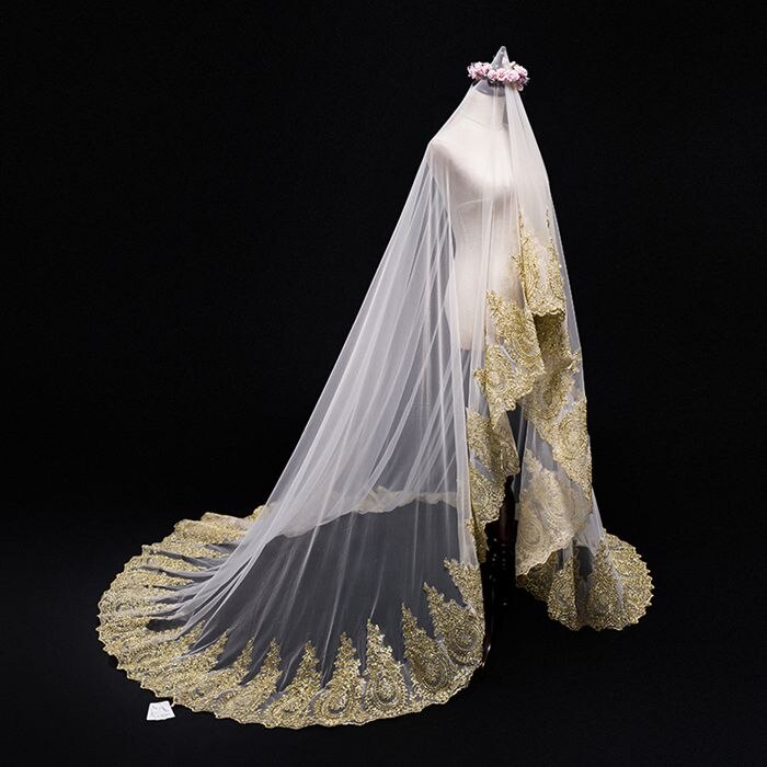 Voile de mariage en dentelle dorée, longueur 300cm, largeur 300cm, accessoires de mariage, de luxe