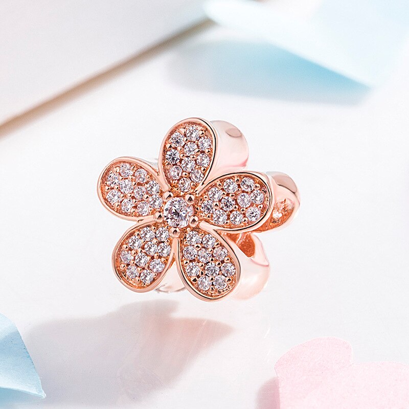 Echt 925 Sterling Silver Charm Rose Gold Dazzling Daisy Met Kristal Kralen Fit Pan Armband Diy Sieraden