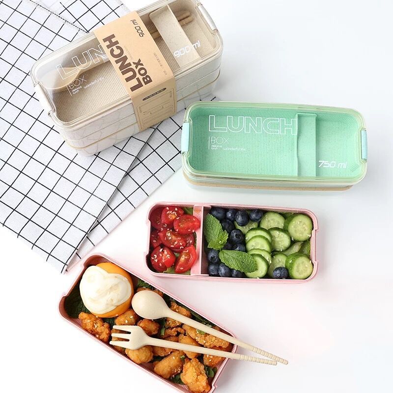 3 Layer Wheat Straw Lunch Box with Bag Japanese Microwave Bento Box with Fork Spoon Food Container for Student Office Staff