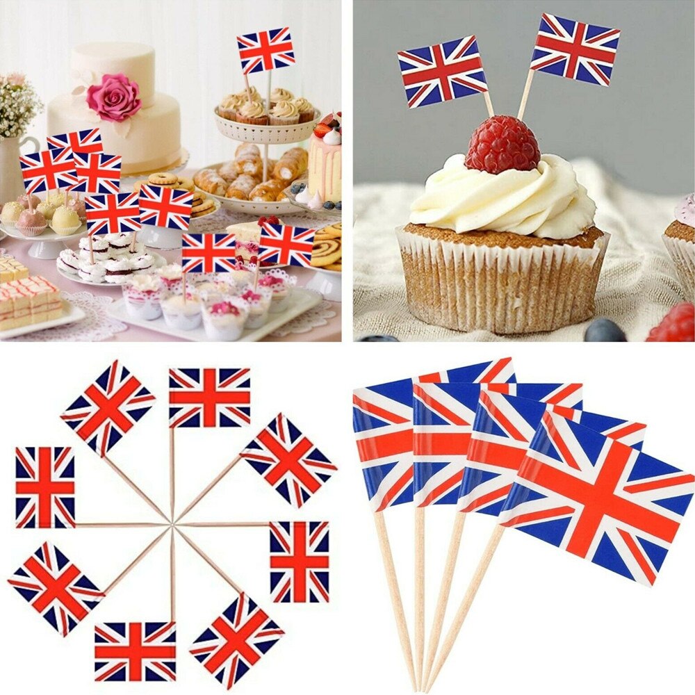 100pcs Union Jack Cocktail Sticks Cupcake Toppers Queens Jubillee Party Table Decoration Household Fruit Stick