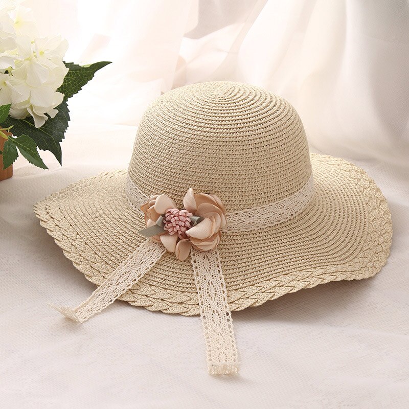 4-8 jaar Mode Meisjes Jongens Stro Hoeden Zomer Kindje Zonnehoed Effen Kleur Bloemen Decor Cap Voor Jongen meisje Mooie Kinderen Caps: beige