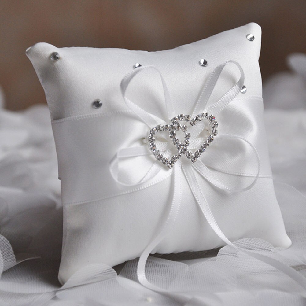 Wedding Ring Pillow Ribbon Bowknot Rhinestones Heart Decoration Party Satin Cushion INTE99