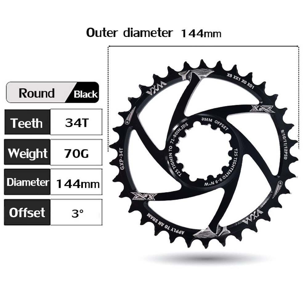 Vxm mtb fiets kettingblad smal breed fiets 30t/32t/34t/36t/38t kettingbladen voor sram 8/9/10/11/12s nx xx xo gx gxp 11 x1 offset 3mm: 34t ronde gxp