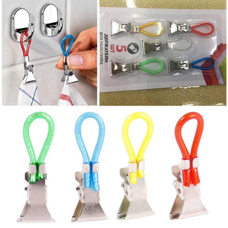 5PCS Tea Towel Hanging Clips On Hooks Loops Hand Towel Hangers Household Kitchen Bathroom Organizer Multifunction Tool